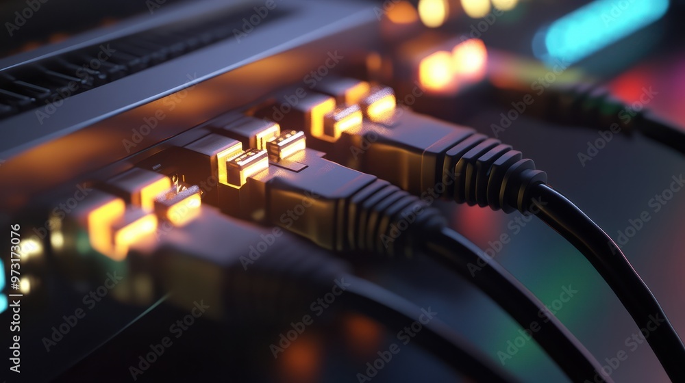 Poster close up of network ethernet cables plugged into switch for high speed internet connection