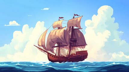 The pirate ship sails on the high seas in search of adventure and treasure. Pirate Ship. Illustration