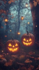 Glowing Halloween pumpkins in a dark, creepy 3D-rendered background.