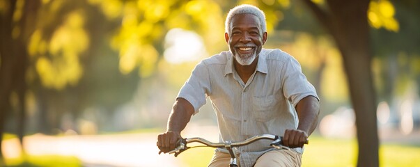 Senior black man enjoying bike ride in the park on sunny day