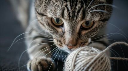 A tabby cat's paw reaches out to touch a small ball of yarn, its face filled with curiosity and excitement. Close-up photo with clean background