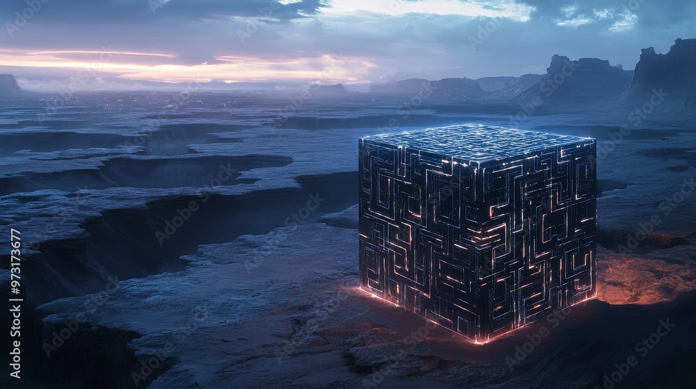 Canvas Prints 3d animation of a glowing cube on a desert landscape in the evening