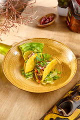 Beef and Vegetable Tacos on Rustic Plate with Vibrant Garnishes