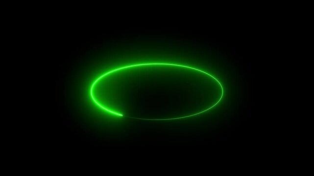 glowing neon line green color circular lens icon animation on dark background.