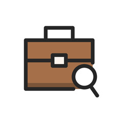 Suitcase with magnifier icon. Employment, recruitment, job hunting concepts. Colored outline vector design isolated illustration.