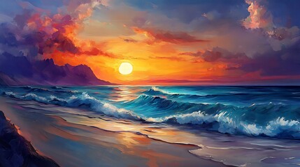 Fototapeta premium A painted sunset scene with the sun setting over the ocean with waves crashing on a sandy shore.