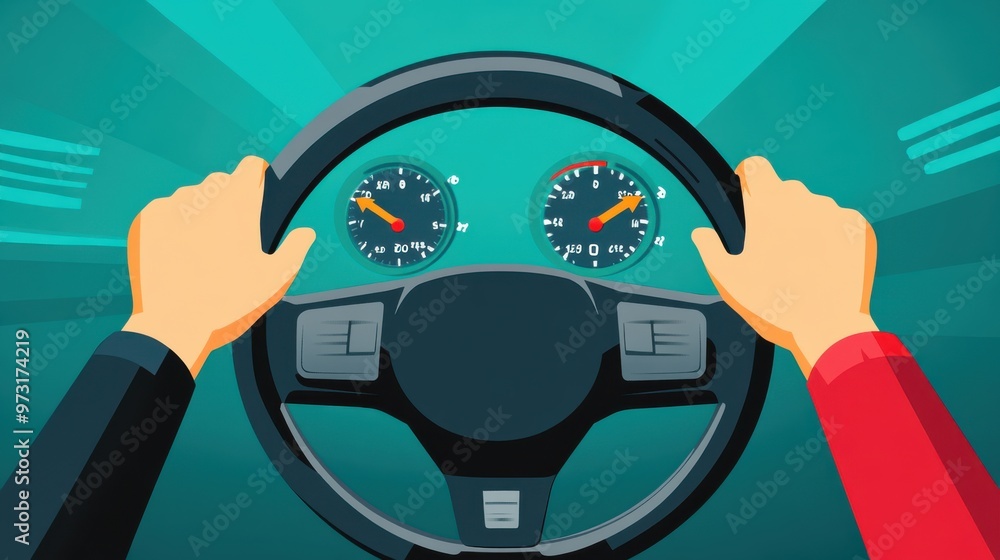 Poster modern illustration of a man driving a car displaying dashboard navigation with digital interface in