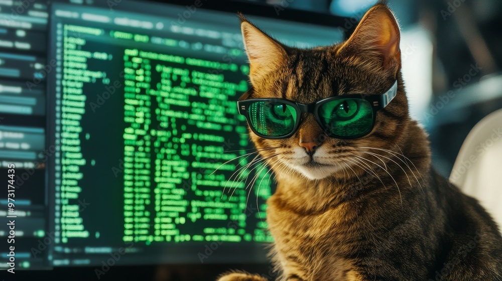 Aufkleber cat with glasses sitting in front of a screen with a code