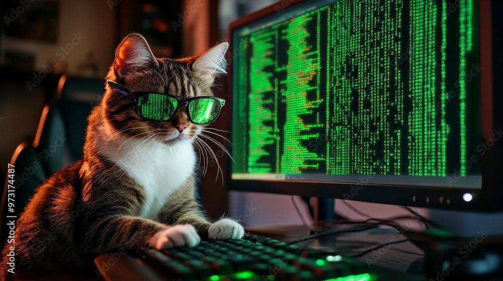 Aufkleber cat with glasses sitting in front of a screen with a code