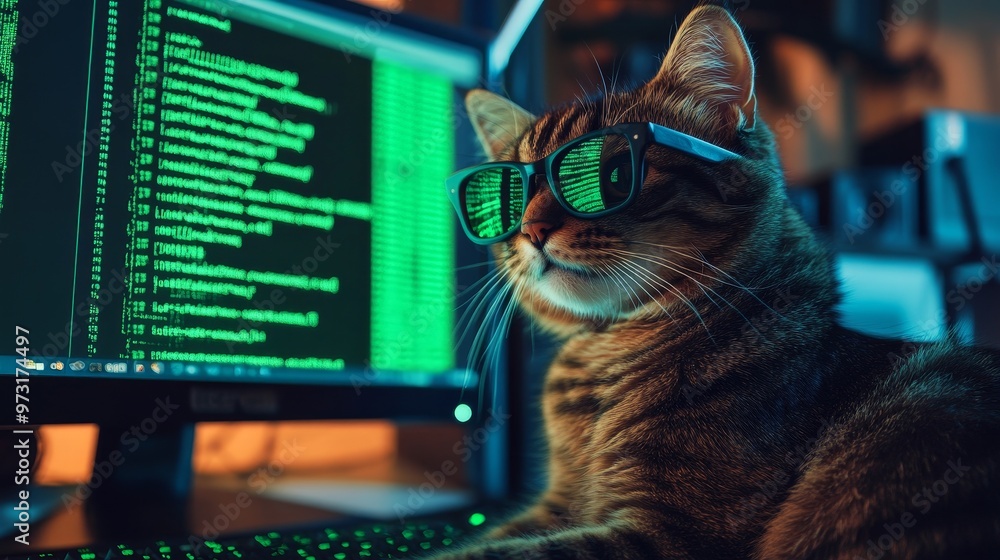 Aufkleber cat with glasses sitting in front of a screen with a code