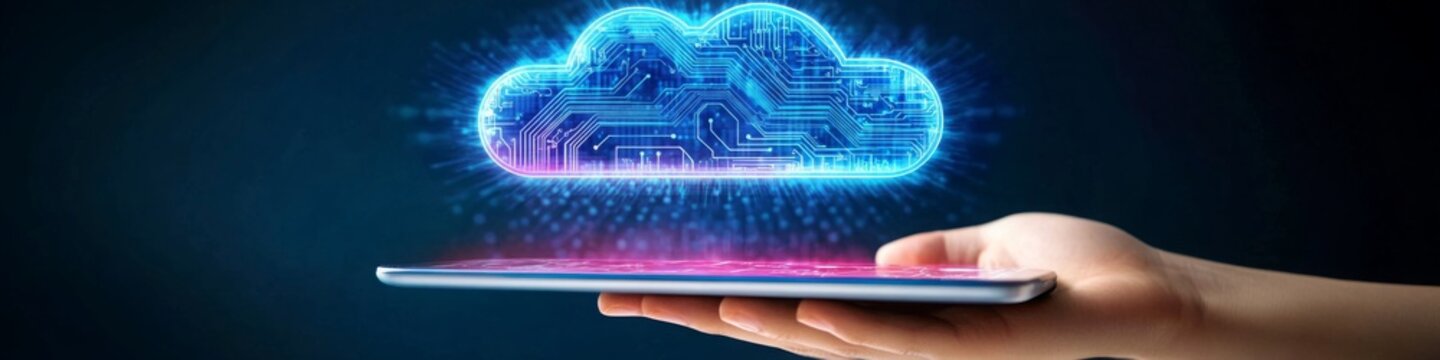 cloud with circuit board pattern emerging from a digital tablet, smart cloud computing  technology . Data Storage and Processing management, Digital Connectivity through Cloud Networks.
