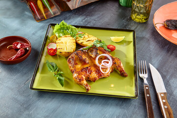 Grilled Chicken with Potatoes Rustic Gourmet Meal with Vibrant Colors and Contrasting Textures