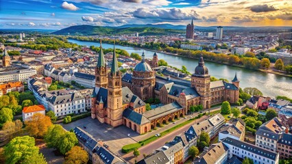 Obraz premium The Rhine River snakes through the historic city of Mainz, Germany, as the iconic Mainz Castle and St. Martin's Cathedral stand tall amidst a tapestry of streets and alleys.