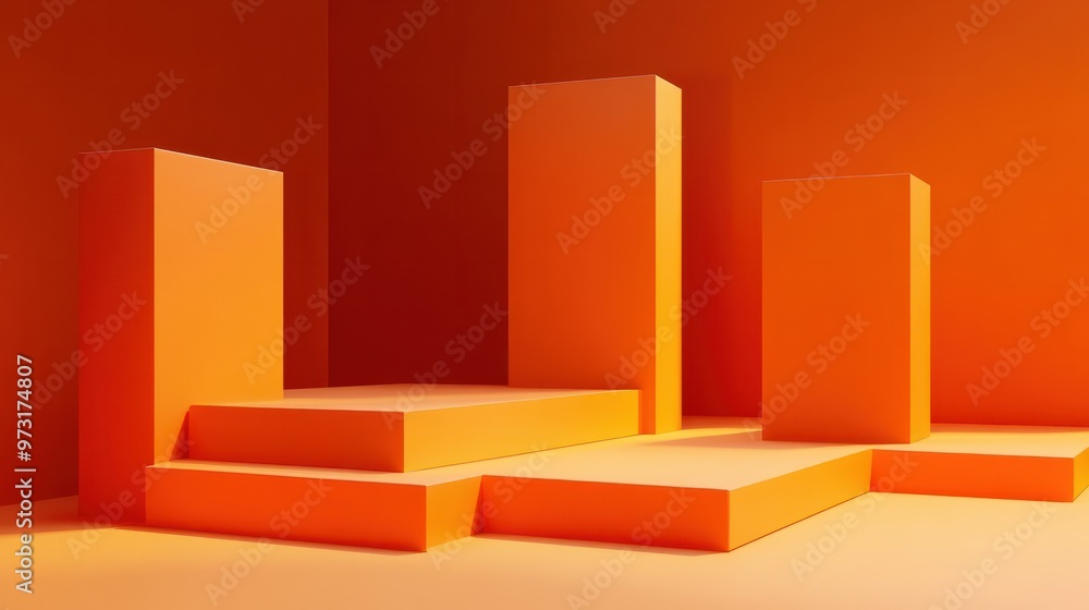 Poster display platform backdrop of empty orange cube podium product stage of geometric stand pedestal scen