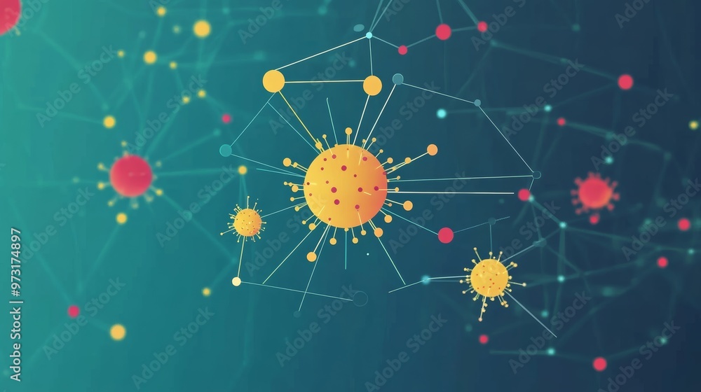 Poster virus particles connected by thin lines on a green background, symbolizing viral networks and transm