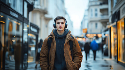 Obraz premium Person Enjoying Music on Wireless Headphones in a Vibrant European Cityscape
