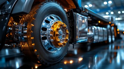 Close-up of a Chrome and Gold Semi-Truck Wheel