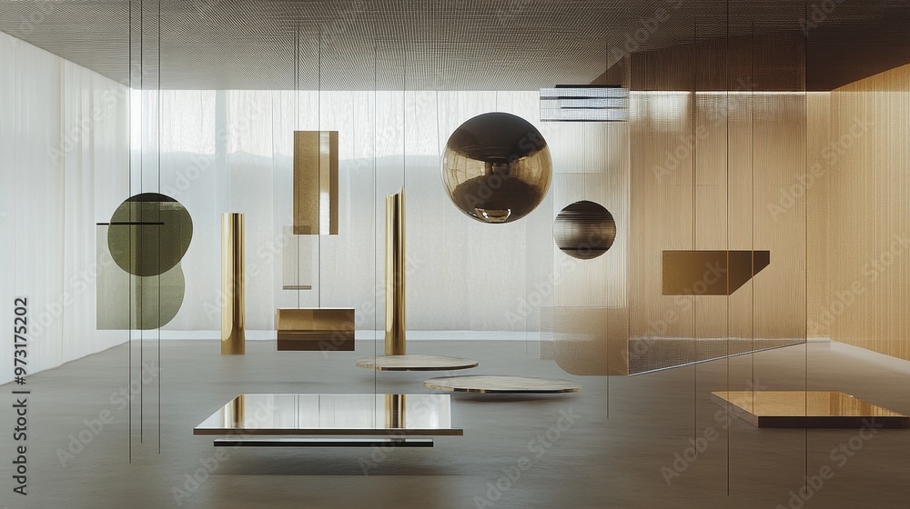 Poster minimalistic composition with geometric hanging objects