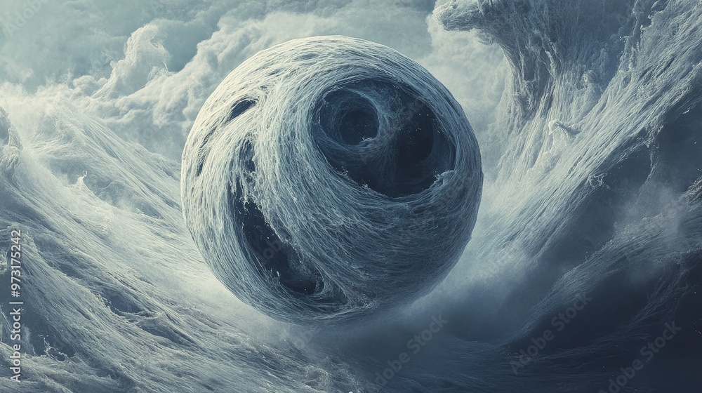 Poster 3d animation of an abstract sphere surrounded by swirls of light and shadow