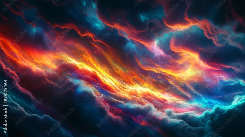 Wall mural abstract fire clouds with bright flashes of light on a dark background