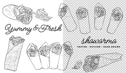 Hand drawn vector outline shawarma. Yummy food with healthy ingredients such as tomato, cucumber, meat, bread. Outline easy to adapt and use in print and online designs. 