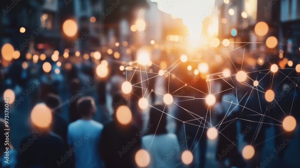Poster 3d animation of a crowd of people with abstract light lines connecting them into a grid