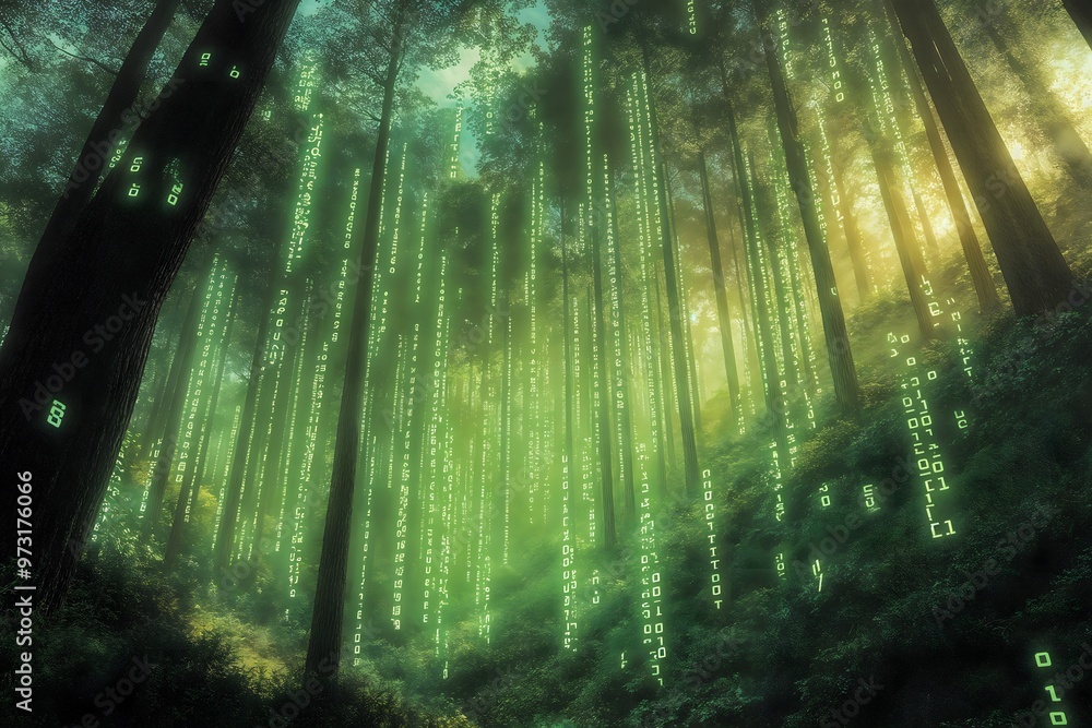 Poster virtual nature: the enigmatic fusion of a forest and digital reality in a world of glowing code