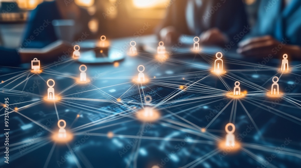 Poster 3d animation of a crowd of people with abstract light lines connecting them into a grid
