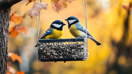Two colorful blue tits perched on a bird feeder filled with seeds amid vibrant autumn leaves in a tranquil woodland setting