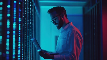 Focused IT professional using a laptop while standing in a server room with racks of network equipment illuminated by blue lights