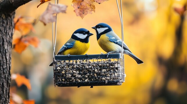 Two colorful blue tits perched on a bird feeder filled with seeds amid vibrant autumn leaves in a tranquil woodland setting