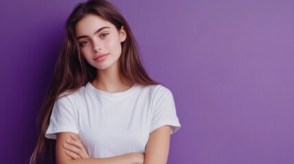 Fototapeta premium Full body portrait of lovely young girl posing empty space wear shirt isolated on purple color background