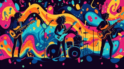 A cartoon band performing on stage, with each member playing a different instrument and surrounded by bright, wavy patterns and musical notes