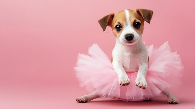 Funny cute adorable jack russel terier puppy wearing ballerina costume pink ballet skirts tutu. Creative animal dog pet character, commercial editorial advertisement, halloween dance illustration.