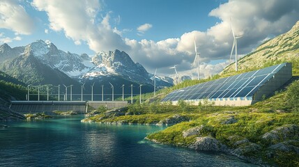 Renewable energy grid integrating solar, wind, and hydroelectric power.