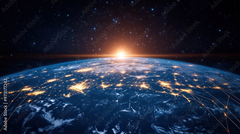 Poster Global network concept with digital planet Earth - A digital representation of global connectivity with network lines and nodes overlaying Earth, representing international communication