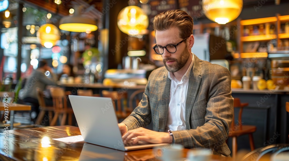 Poster A man in a suit is sitting at a table with a laptop open in front of him