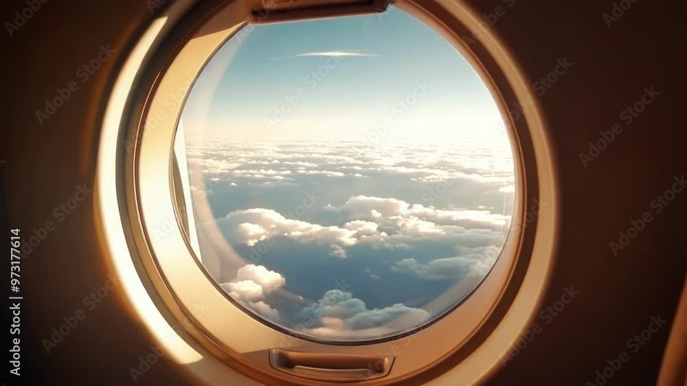 Poster sunset is approaching as the plane is flying above a beautiful layer of clouds, creating a scenic vi