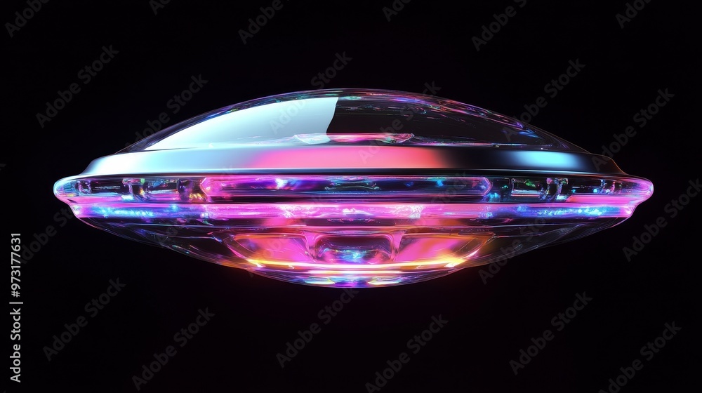 Poster 3d model of a transparent ufo with neon tints on a dark background