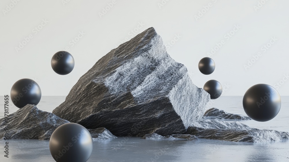 Poster 3d animation of a gray rock with floating black spheres against a background of minimalistic space