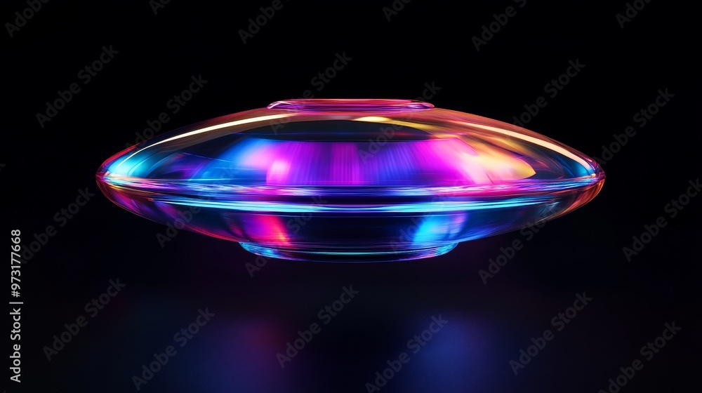 Poster 3d model of a transparent ufo with neon tints on a dark background