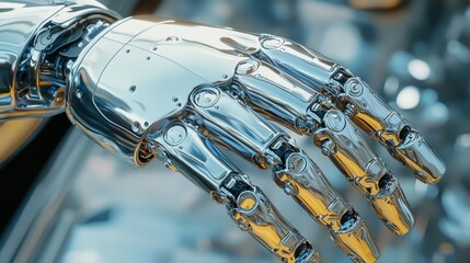 Obraz premium A close-up of a chrome-plated robotic hand, capturing the shiny and metallic textures with realistic reflections