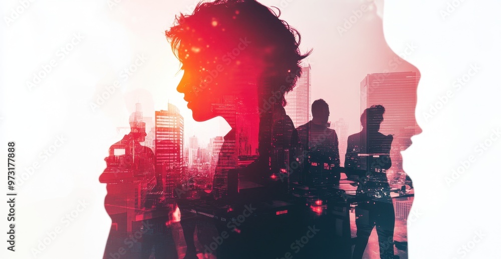 Poster double exposure of a digital identity, a group of people working together in an office space with a 
