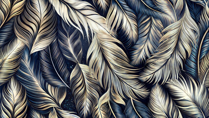 Elegant pattern of artistic feathers in gold and blue tones on a dark background
