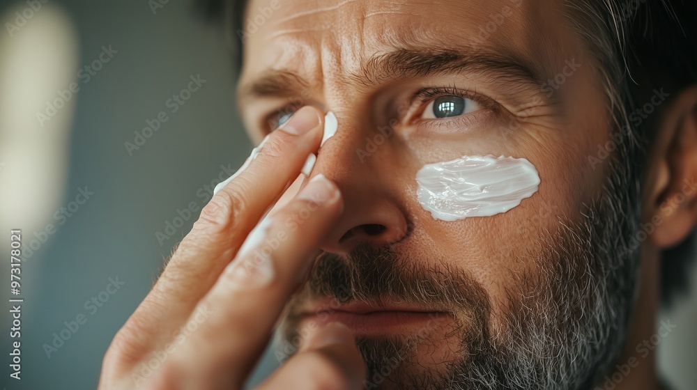 Poster man applying facial cream indoors while preparing for his skincare routine in a bright and relaxing 