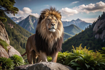 Obraz premium Majestic Lion Standing on a Mountain Rock with Lush Greenery