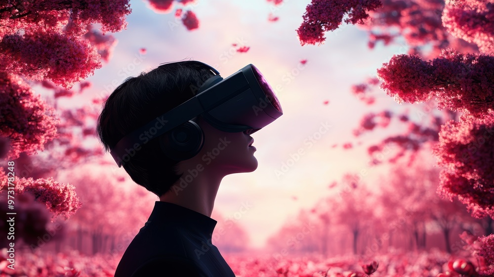 Wall mural a person walking through a virtual forest, surrounded by realistic flora and fauna, emphasizing the 