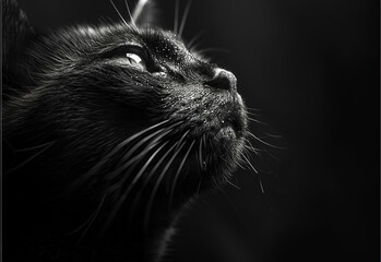 Black cat in profile on black background looking up. Close up.