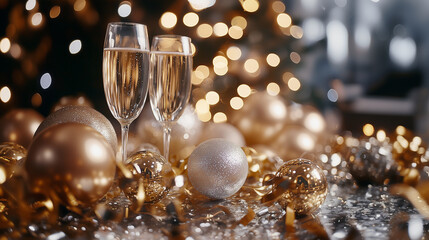 Golden ornaments and champagne, festive new year celebration background