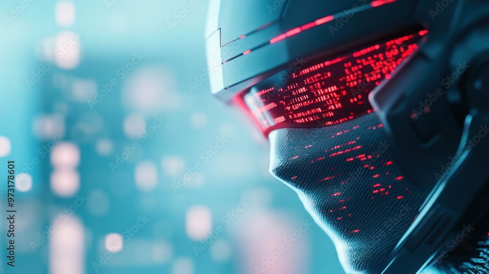 Poster a robot with glowing eyes, analyzing data streams on a screen, showcasing the power of artificial in